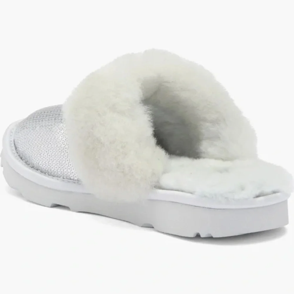 🆕UGG Kids Cozy II Genuine Shearling Scuff Slipper Silver Sequins VACY VIBE::NIB
